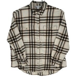 Old Navy Women's Beige Black Plaid Boyfriend Flannel‎ Shirt Size L Long Sleeve